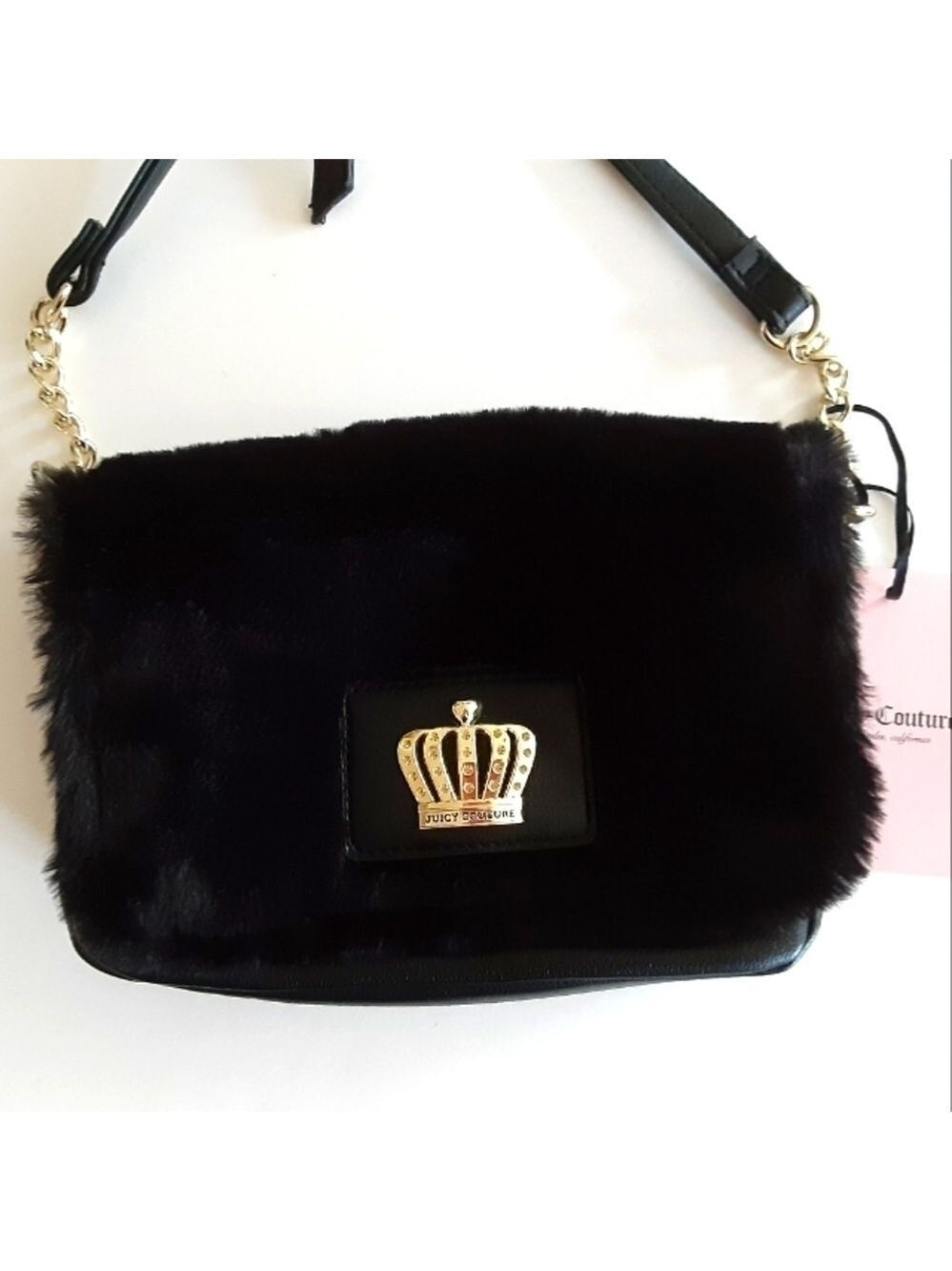 Juicy Couture Faux Fur Flap Crossbody Bag Black New